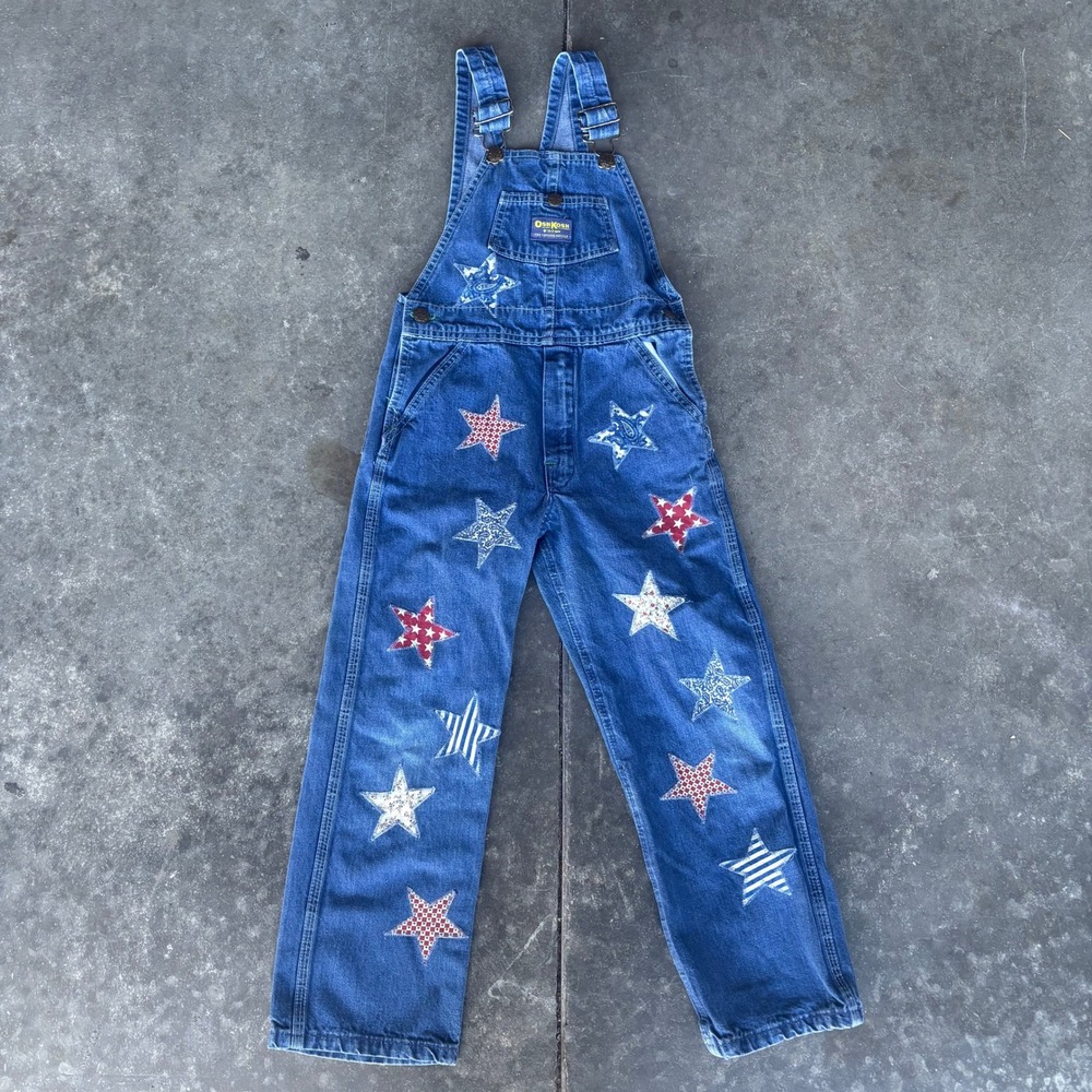Vintage OshKosh B'Gosh Overalls Kids 7 Blue Denim Embroidered Stars Fall USA